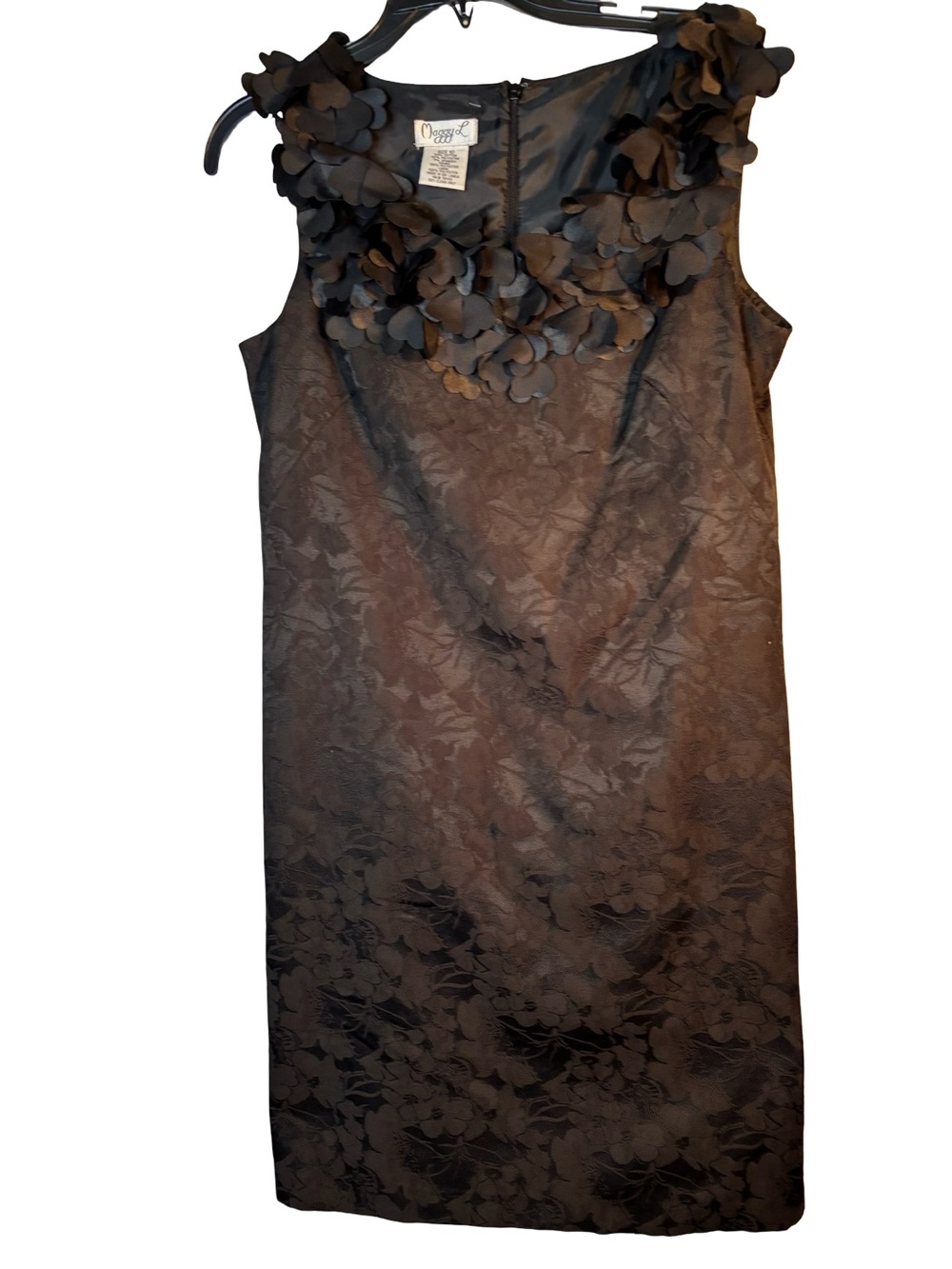 Maggy London Black Floral Jacquard Sheath Dress with 3D Petal Neckline
